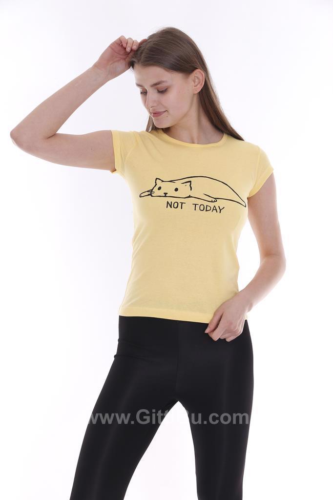 Hipatu Sarı Not Today Kedi Baskılı Kadın Tişört
