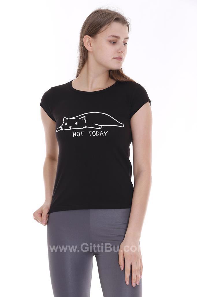 Hipatu Siyah Not Today Kedi Baskılı Kadın Tişört