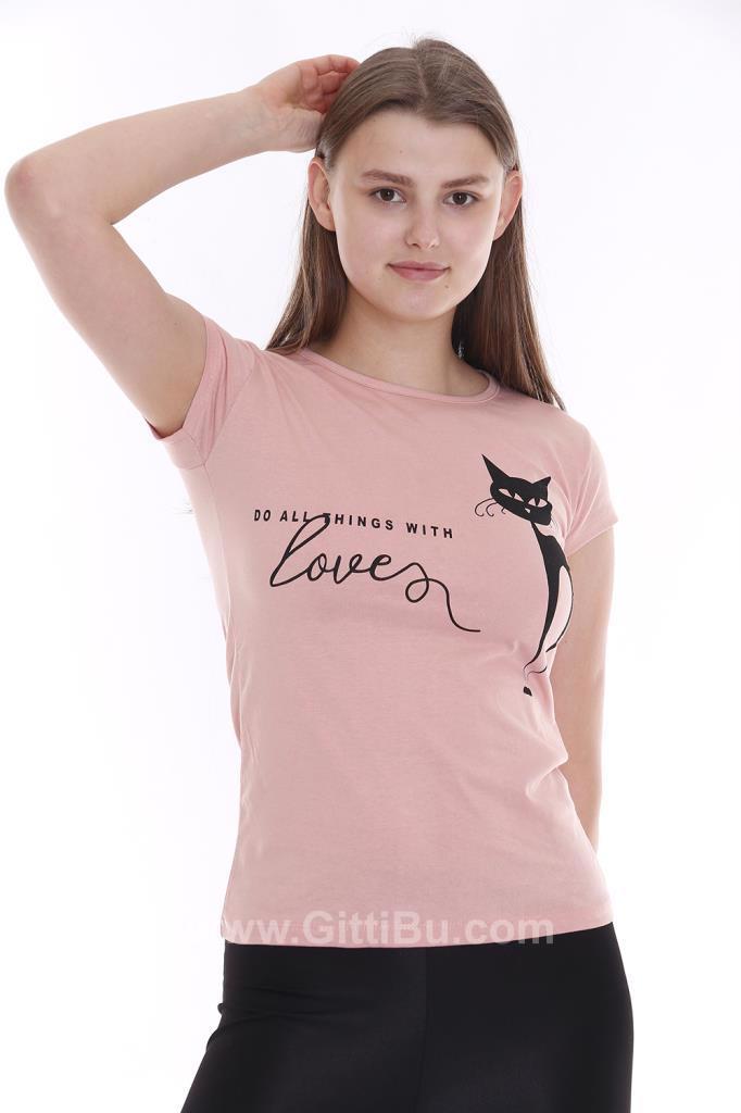 Hipatu Pudra Kara Kedi Baskılı Kadın Tişört