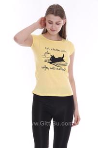 Hipatu Sarı Kedi Baskılı Kadın Tişört