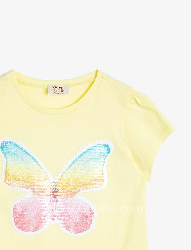 Koton Kız Çocuk Pullu Kelebek Baskılı Kısa Kollu Yuvarlak Yaka T-Shirt