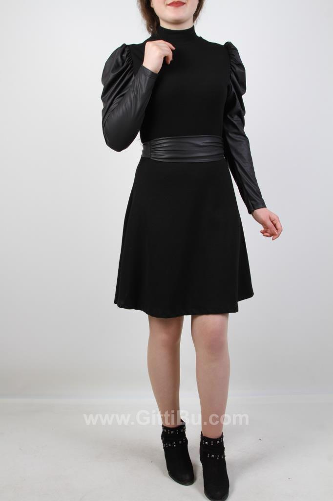 Hipatu 0452 Kadın Deri Kol Akrilik Siyah Elbise