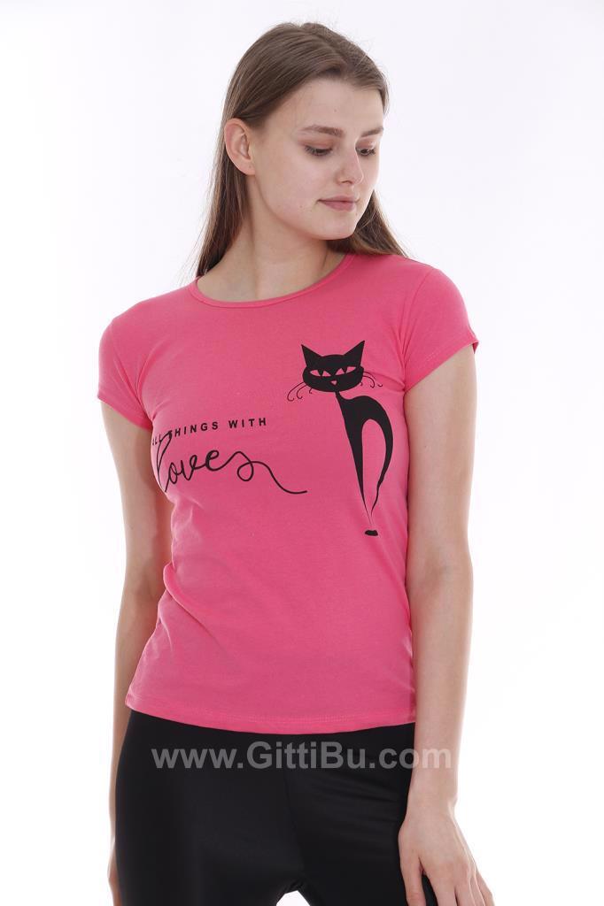 Hipatu Pembe Kara Kedi Baskılı Kadın Tişört