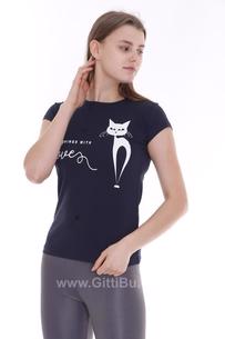 Hipatu Lacivert Kara Kedi Baskılı Kadın Tişört