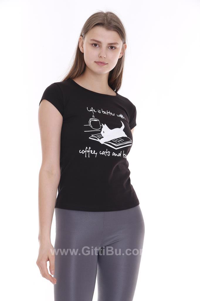Hipatu Siyah Kedi Baskılı Kadın Tişört