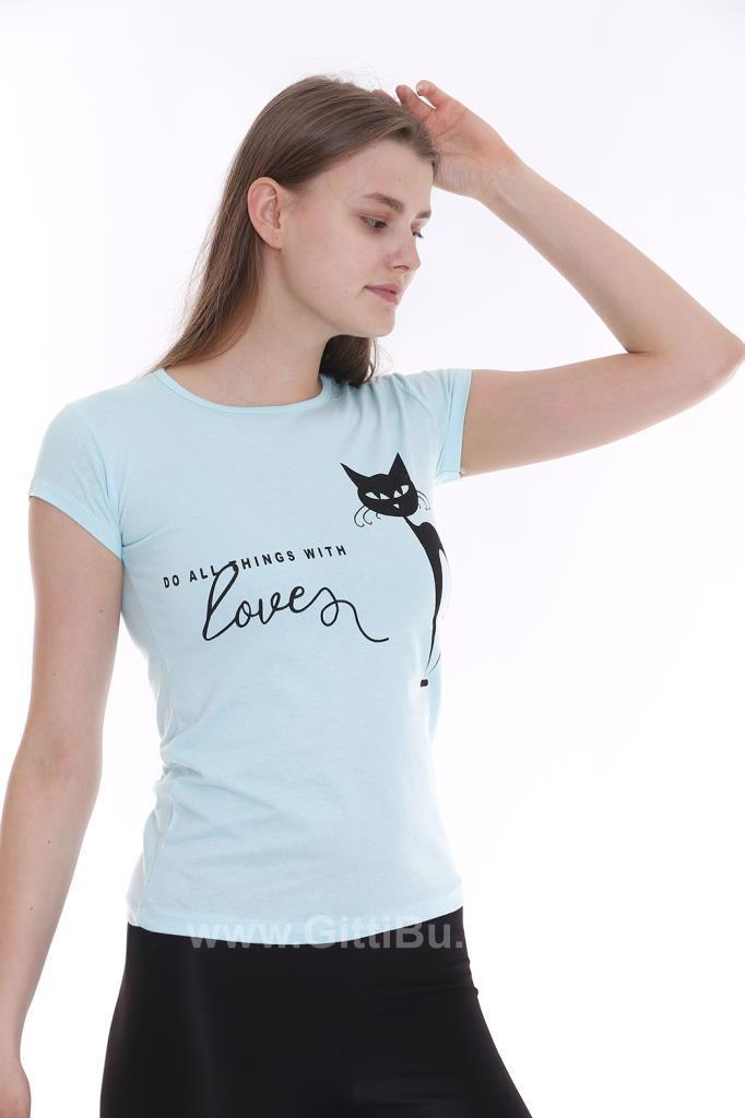 Hipatu Su Yeşili Kara Kedi Baskılı Kadın Tişört