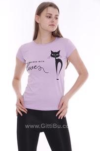 Hipatu Lila Kara Kedi Baskılı Kadın Tişört