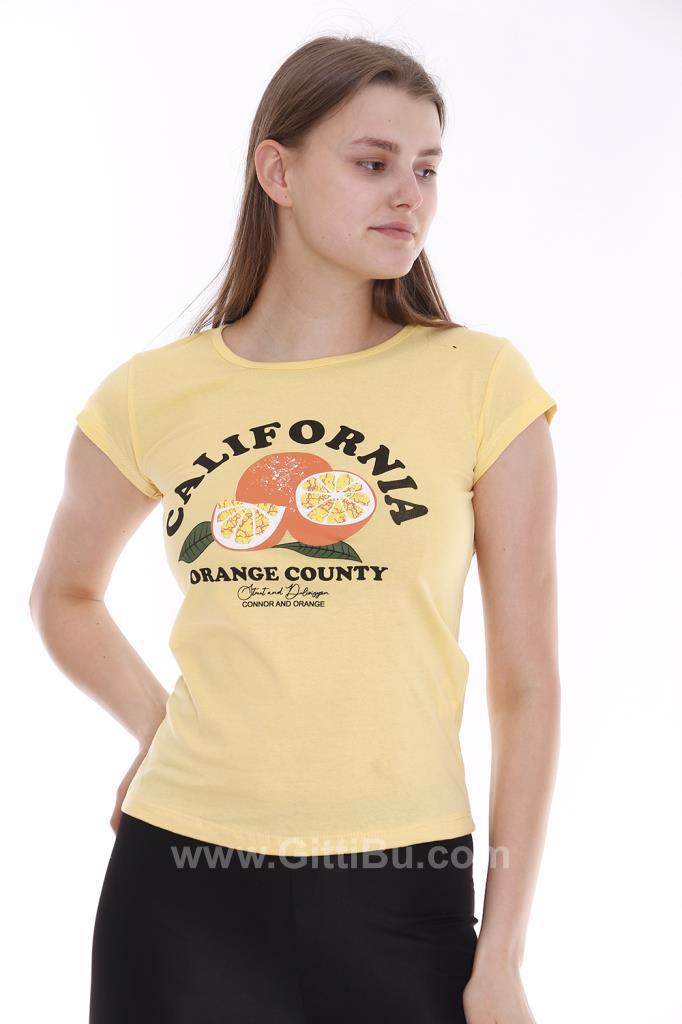 Hipatu Sarı Portakal Baskılı Kadın Tişört