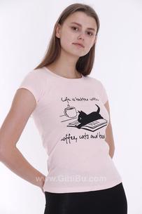 Hipatu Kadın Kedi Baskılı Pudra Tişört