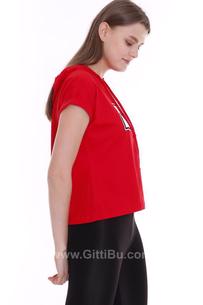 Hipatu What Baskı Kısa Kapşonlu Kırmızı Kadın Tişört
