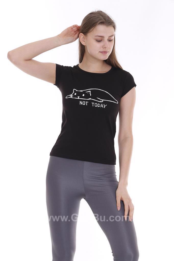 Hipatu Siyah Not Today Kedi Baskılı Kadın Tişört