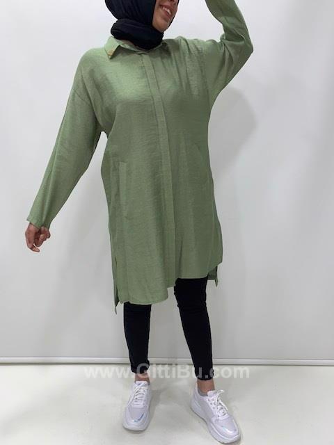 Hipatu 106 Kadın Flato Cep Yarasa Kesim Yakalı Tunik Gömlek