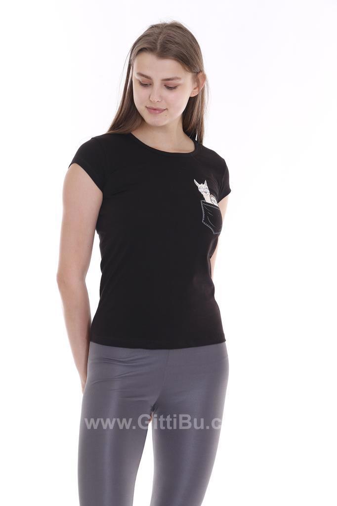 Hipatu Siyah Cep Baskılı Kadın Tişört