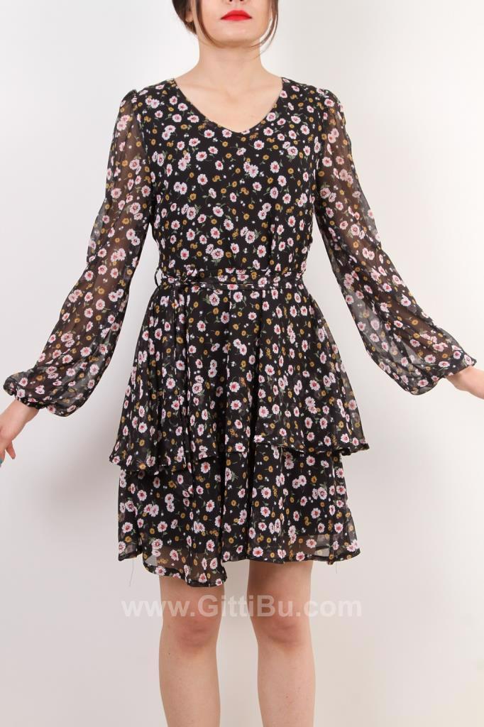 Hipatu Kadın 7106 Şifon Çiçekli Bel Kuşaklı Etek Katlı Elbise
