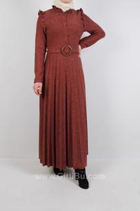 Hipatu Kadın Fırfırlı Kemer Detaylı Uzun Elbise