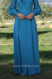 Hipatu 6365 Kadın Nakış Detaylı Balon Kol Uzun Elbise