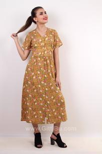Hipatu Kadın Hardal Sarı Çiçek Desenli Kısa Kollu Midi Elbise