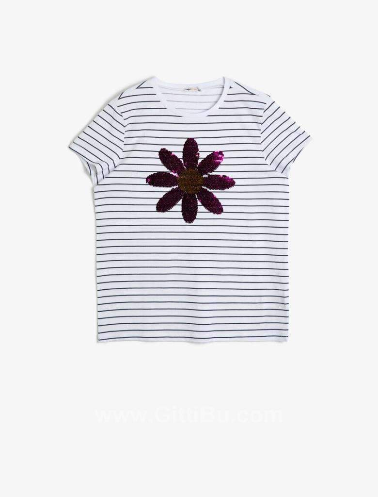 Koton Kız Çocuk Pullu Çiçekli Baskı Kısa Kollu Yuvarlak Yaka T-Shirt