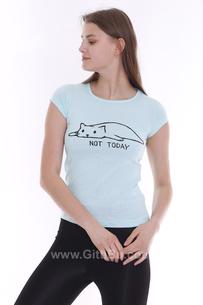 Hipatu Su Yeşili Not Today Kedi Baskılı Kadın Tişört
