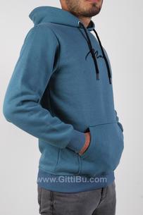 Hipatu 4466 Erkek Kanguru Cepli  Yazı Baskılı Kapüşonlu Mavi Sweatshirt