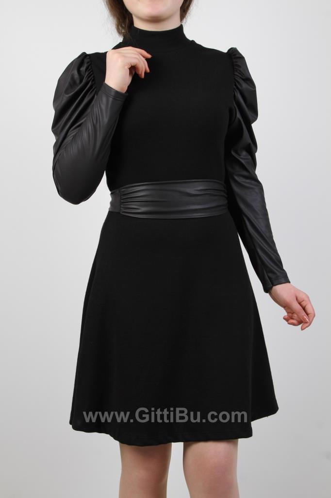 Hipatu 0452 Kadın Deri Kol Akrilik Siyah Elbise