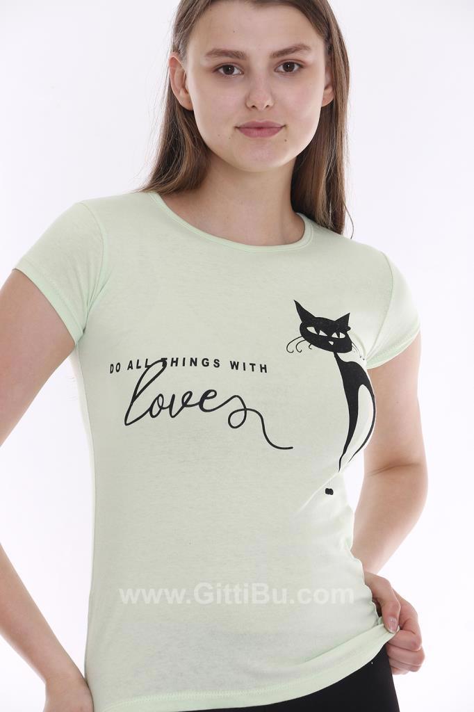 Hipatu Yeşil Kara Kedi Baskılı Kadın Tişört