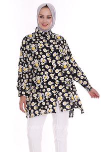 Hipatu Sarı Çiçek Desenli Dokuma Yırtmaçlı Kadın Siyah Gömlek