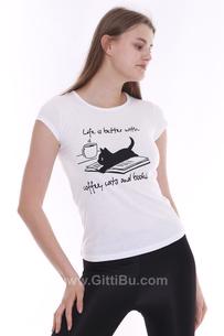 Hipatu Beyaz Kedi Baskılı Kadın Tişört