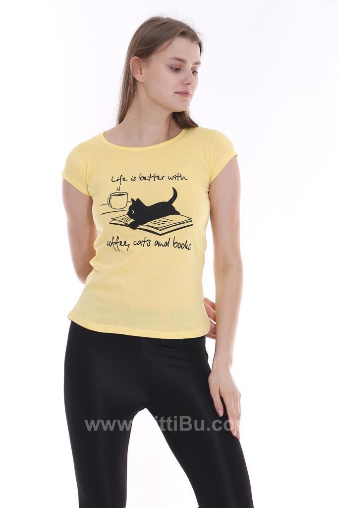 Hipatu Sarı Kedi Baskılı Kadın Tişört