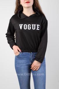 Hipatu Kadın Vogue Yazı Baskılı Kapüşonlu Beli Lastikli Sweatshirt