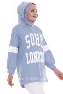 Hipatu Soho London Baskılı Kapşonlu Mavi Kadın Tunik