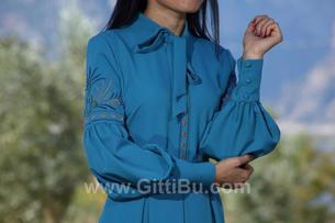 Hipatu 6365 Kadın Nakış Detaylı Balon Kol Uzun Elbise