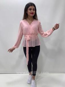 Hipatu 20222 Kadın Mini Ponponlu Bel Kuşaklı Şifon Bluz