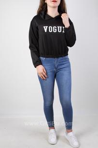 Hipatu Kadın Vogue Yazı Baskılı Kapüşonlu Beli Lastikli Sweatshirt