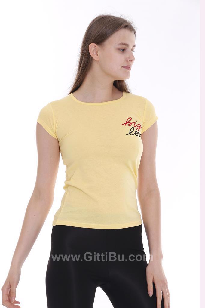 Hipatu Sarı Big Love Baskılı Kadın Tişört