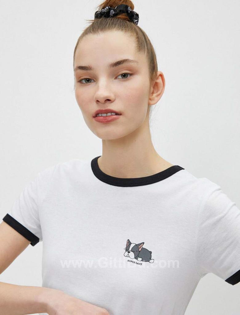 Koton Kadın Tişört Şerit Detaylı Baskılı Pamuklu Ekru - 1Yal18744ık