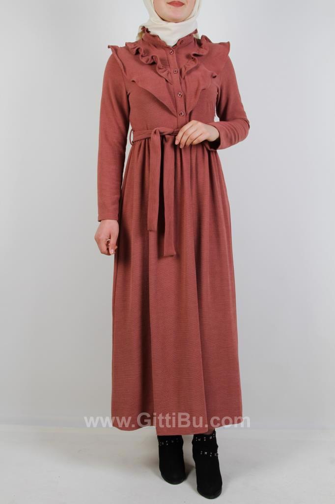 Hipatu Kadın Fırfır Detaylı Yarım Düğmeli Uzun Elbise