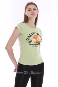 Hipatu Yeşil Portakal Baskılı Kadın Tişört
