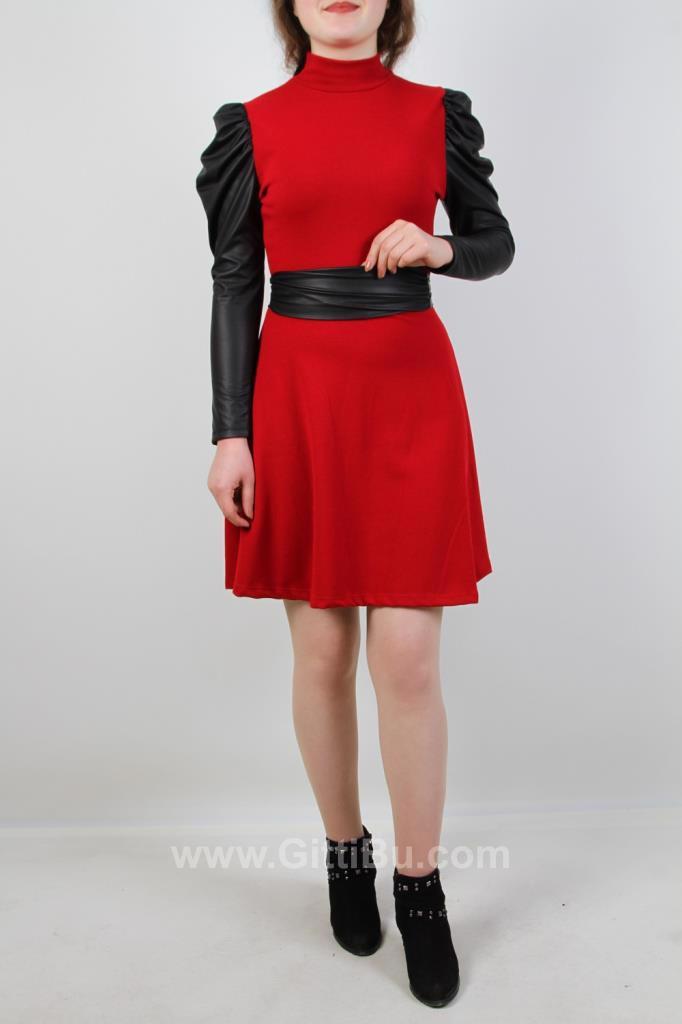 Hipatu 0450 Kadın Deri Kol Akrilik Kırmızı Elbise