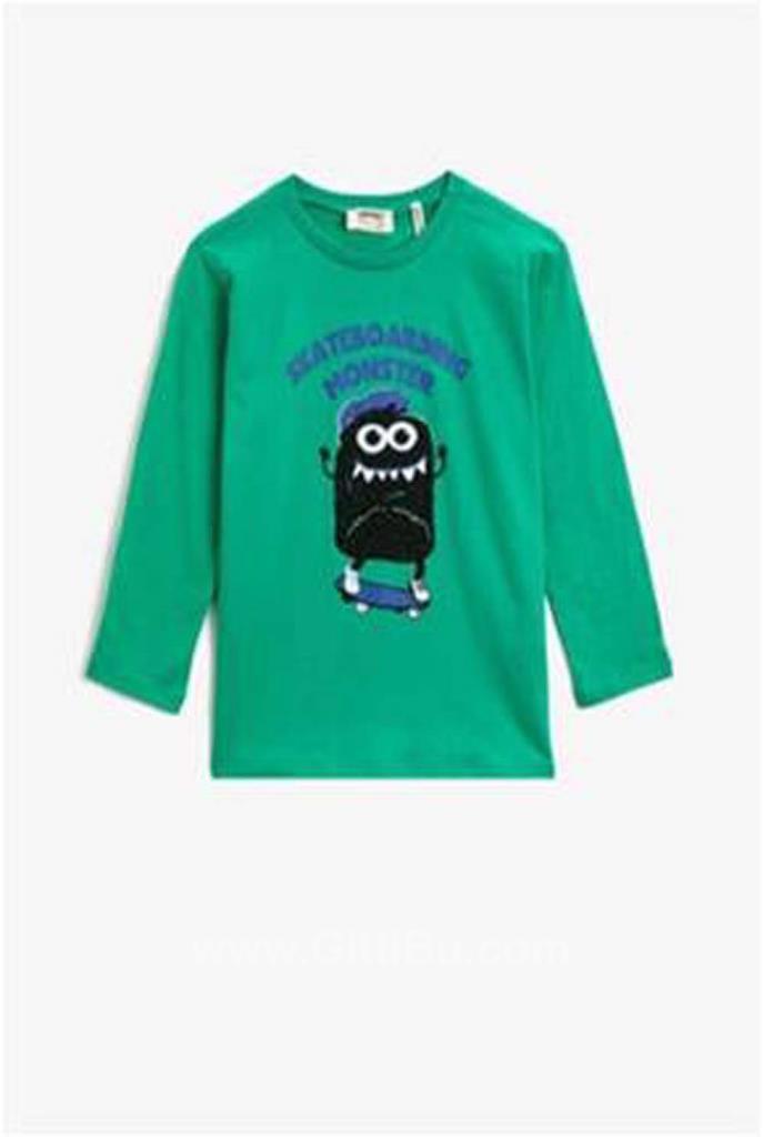 Koton Erkek Çocuk Yeşil Pamuklu Bisiklet Yaka Uzun Kollu T-Shirt 1Ykb16023ok