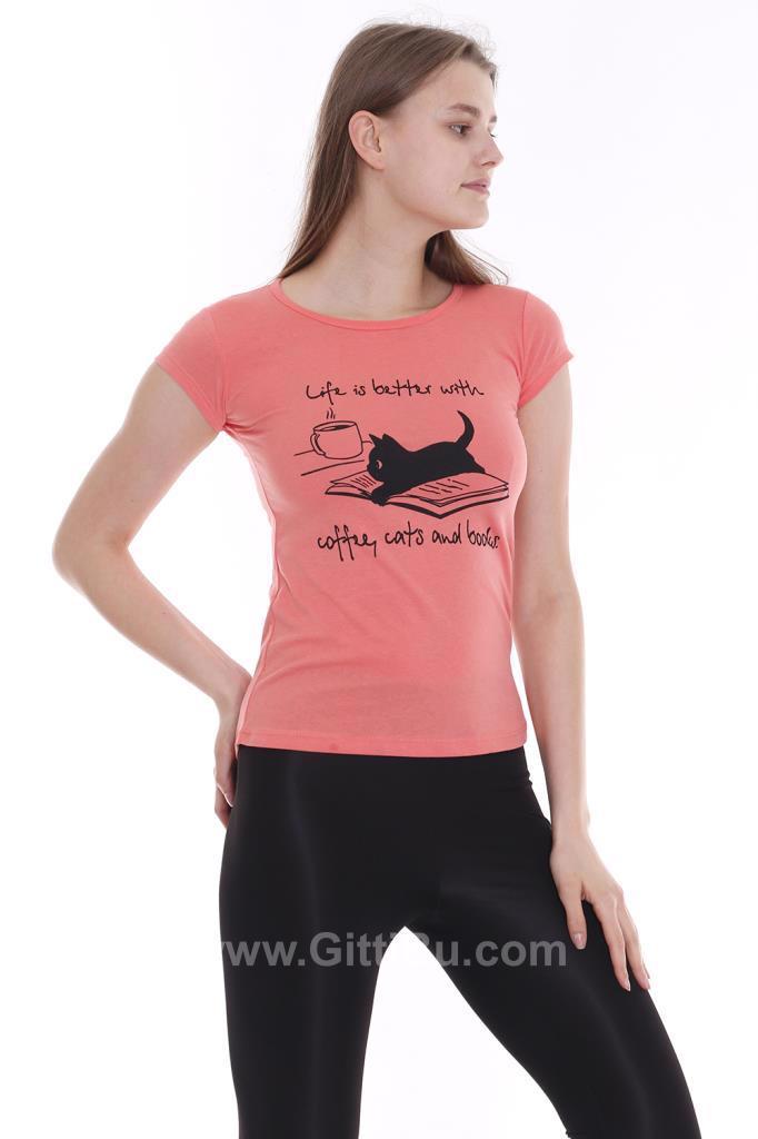 Hipatu Kadın Kedi Baskılı Nar Çiçeği Tişört