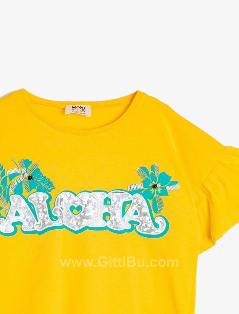 Koton Kız Çocuk Fırfır Detaylı Aloha Yazı Baskılı Kısa Kollu T-Shirt