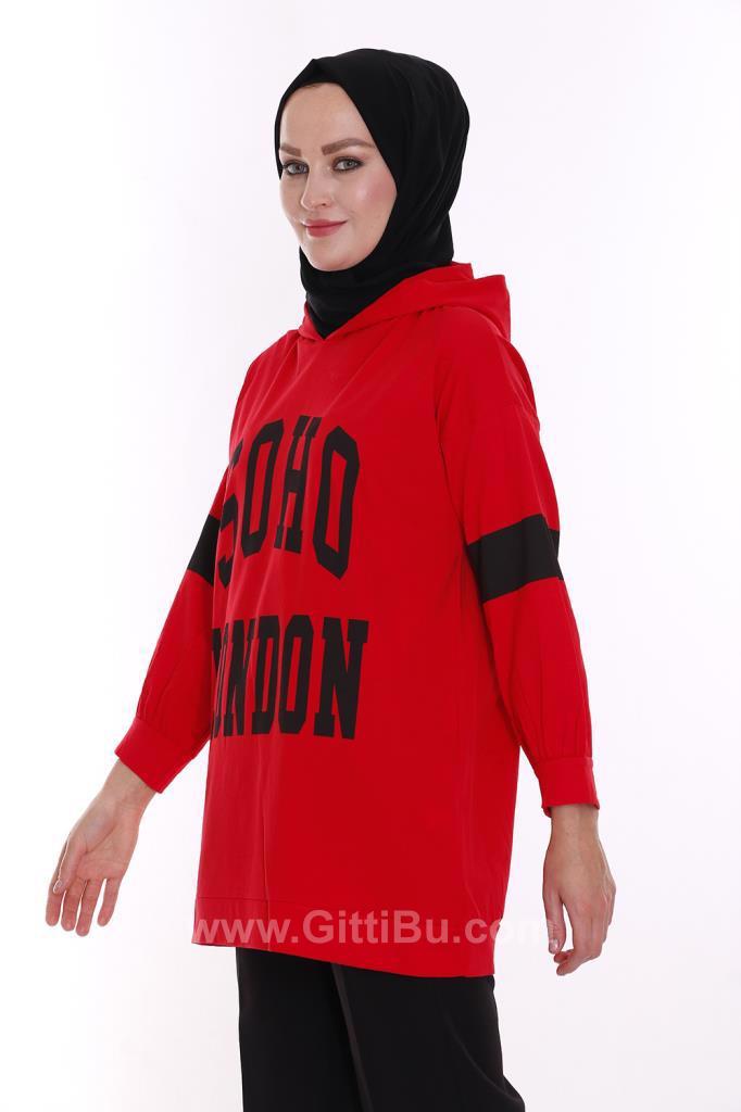 Hipatu Soho London Baskılı Kapşonlu Kırmızı Kadın Tunik