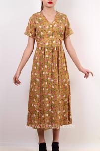 Hipatu Kadın Hardal Sarı Çiçek Desenli Kısa Kollu Midi Elbise