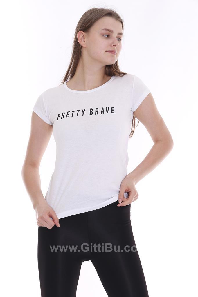Hipatu Beyaz Pretty Brave Baskılı Kadın Tişört