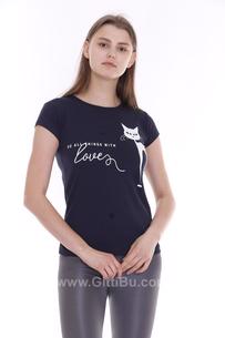 Hipatu Lacivert Kara Kedi Baskılı Kadın Tişört