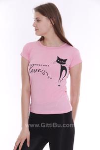 Hipatu Pembe Kara Kedi Baskılı Kadın Tişört