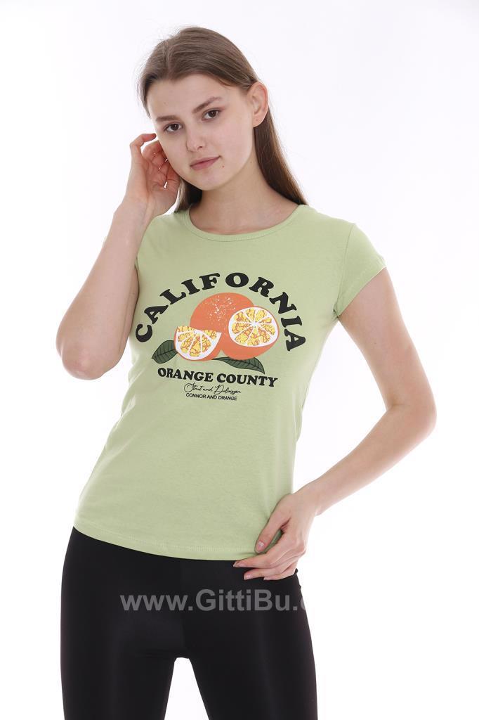 Hipatu Yeşil Portakal Baskılı Kadın Tişört